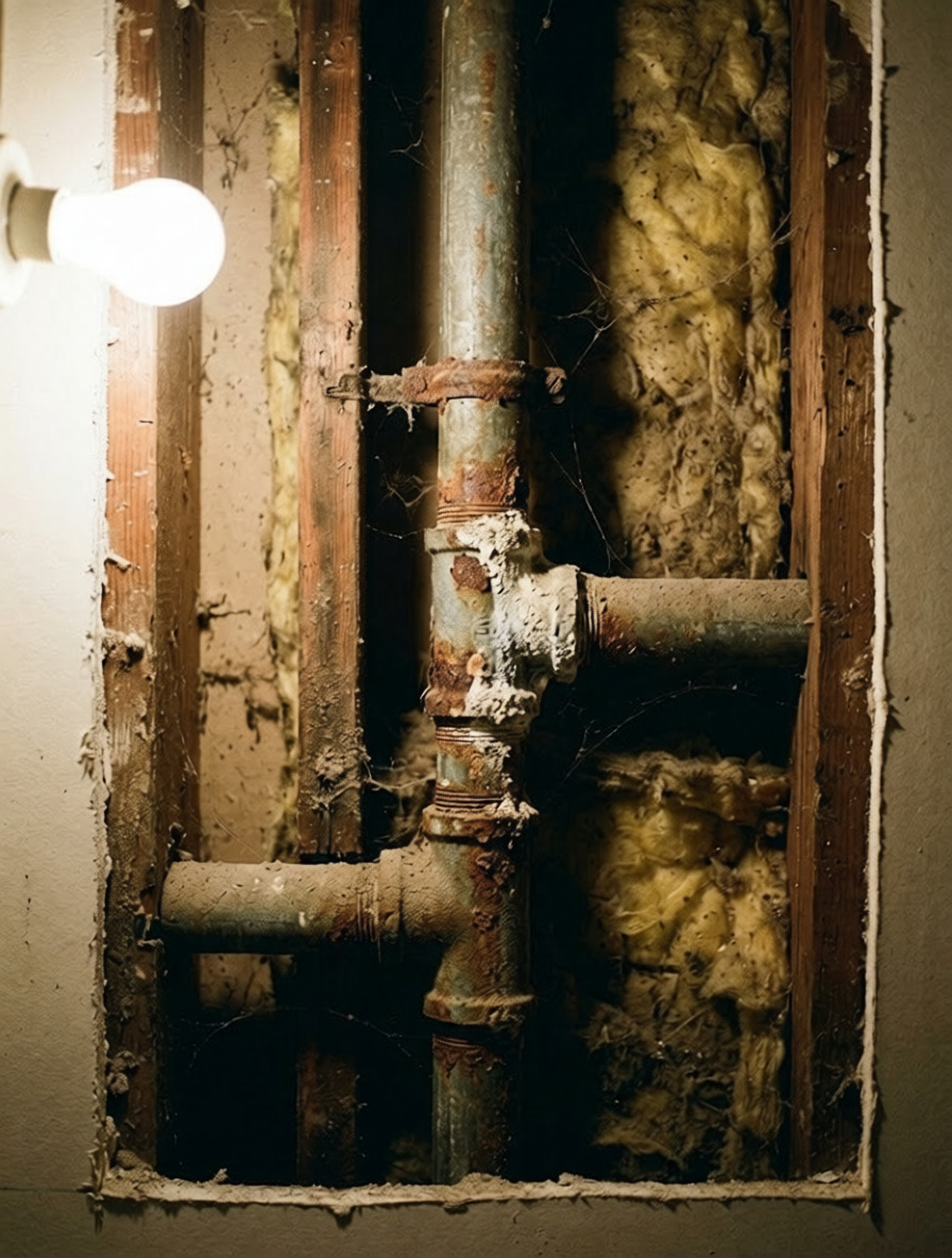 Corroded galvanised water pipes before a Crown Plumbing repipe