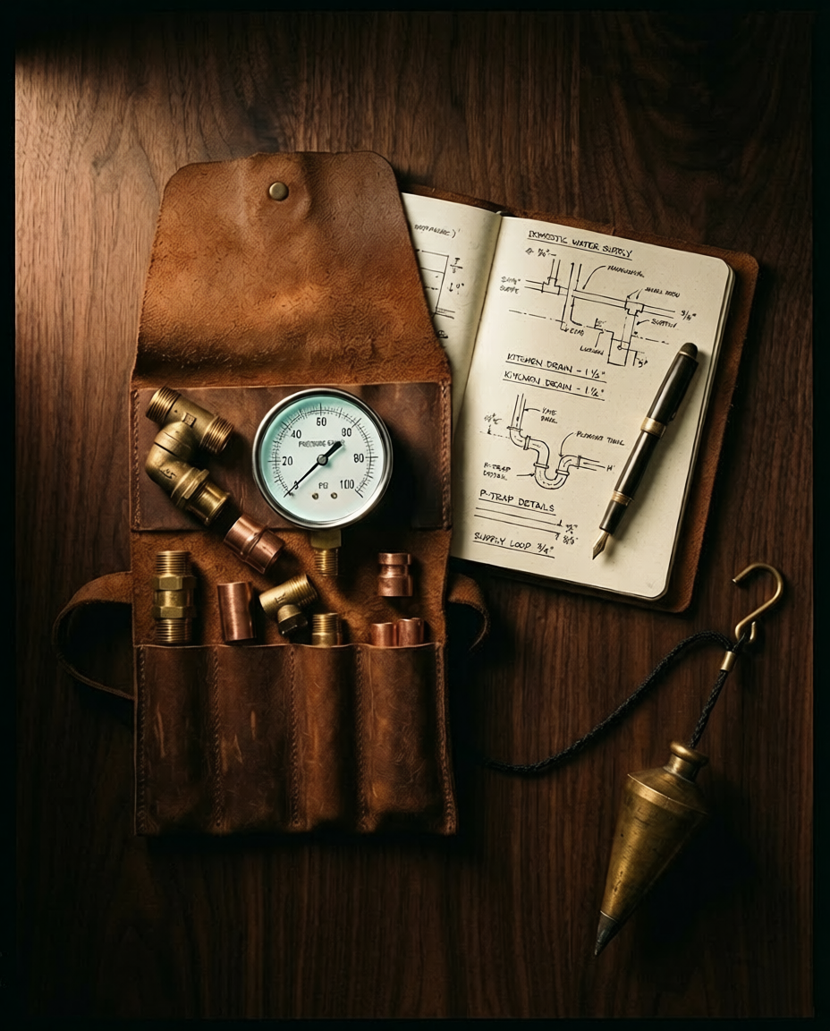 Overhead flatlay of a plumber's tool roll