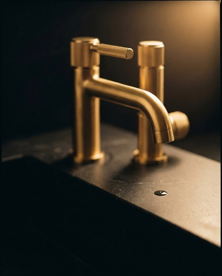 Newly installed brass bathroom faucet and trim