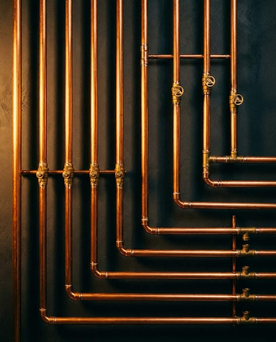 Copper supply pipes assembled for a plumbing installation