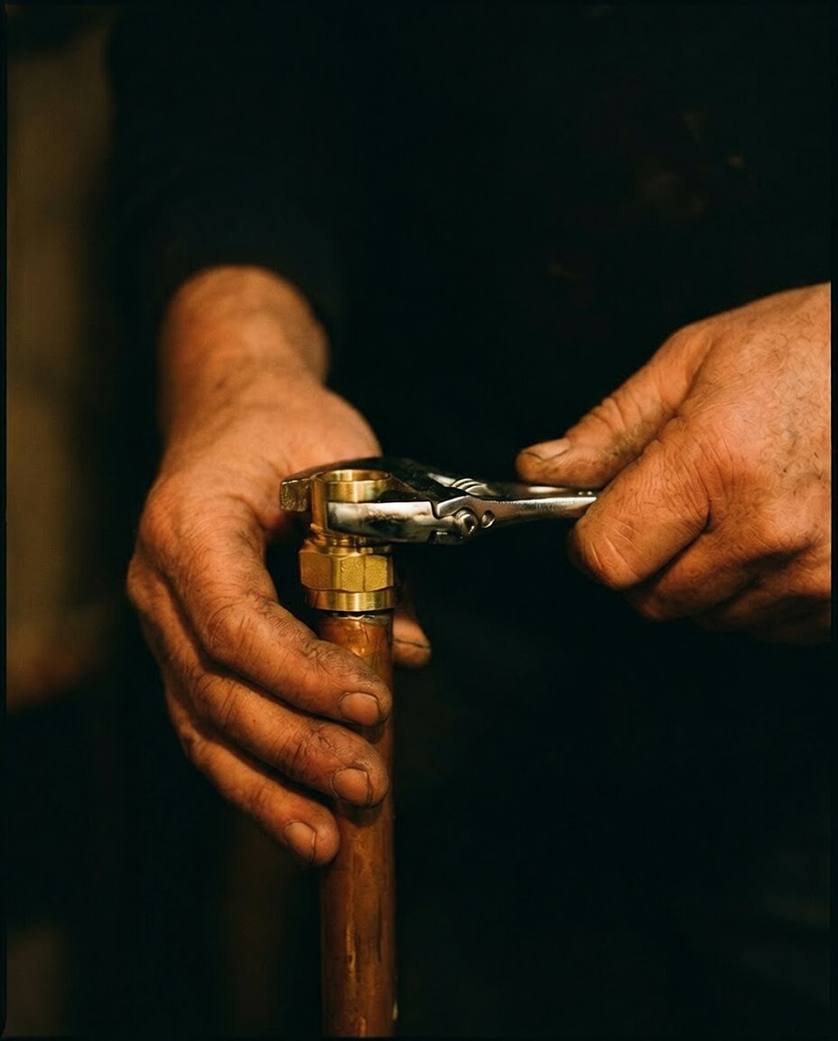 Master plumber soldering a copper pipe joint by hand